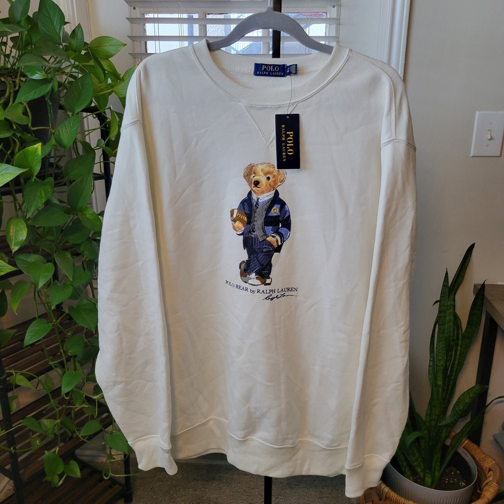 Polo Ralph Lauren Polo Bear Football Fleece Sweatshirt White Mens LT NEW